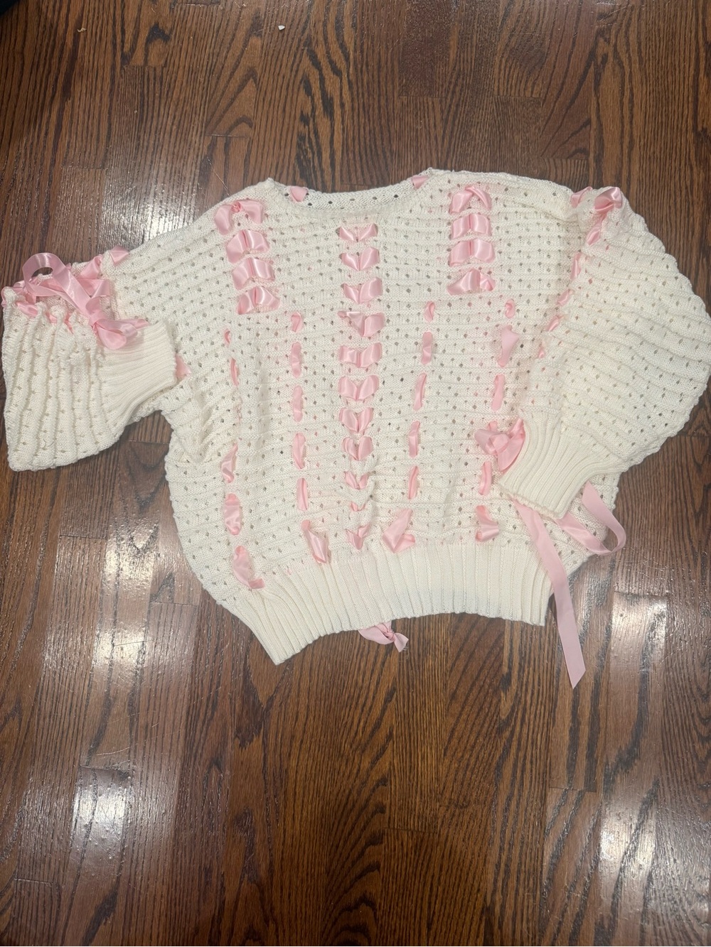 White Knit Sweater with Pink Ribbon Detail - Women